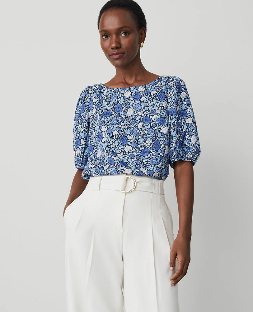 Ann Taylor Floral Boatneck Popover Top Dark Periwinkle Women's