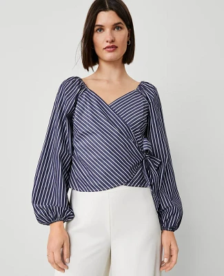 Ann Taylor Striped Wrap Tie-Waist Blouse Vintage Blue Stripe Women's