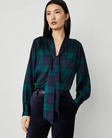 Ann Taylor Petite Tartan Tie Neck Blouse Rainforest Women's