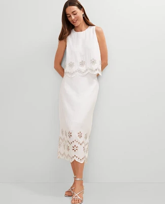 Ann Taylor Studio Collection Scalloped Linen Blend Midi Skirt White Women's