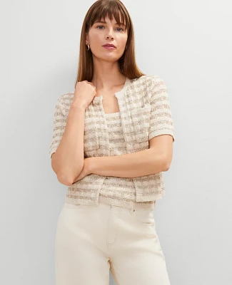 Ann Taylor Metallic Tweed Sweater Jacket Neutral Women's
