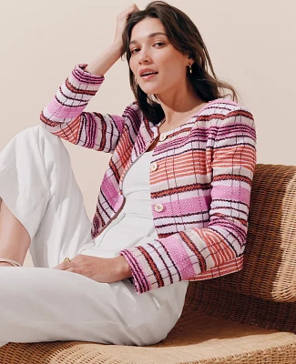 Ann Taylor Tweed Crew Neck Jacket Neutral/Red Multi Women's