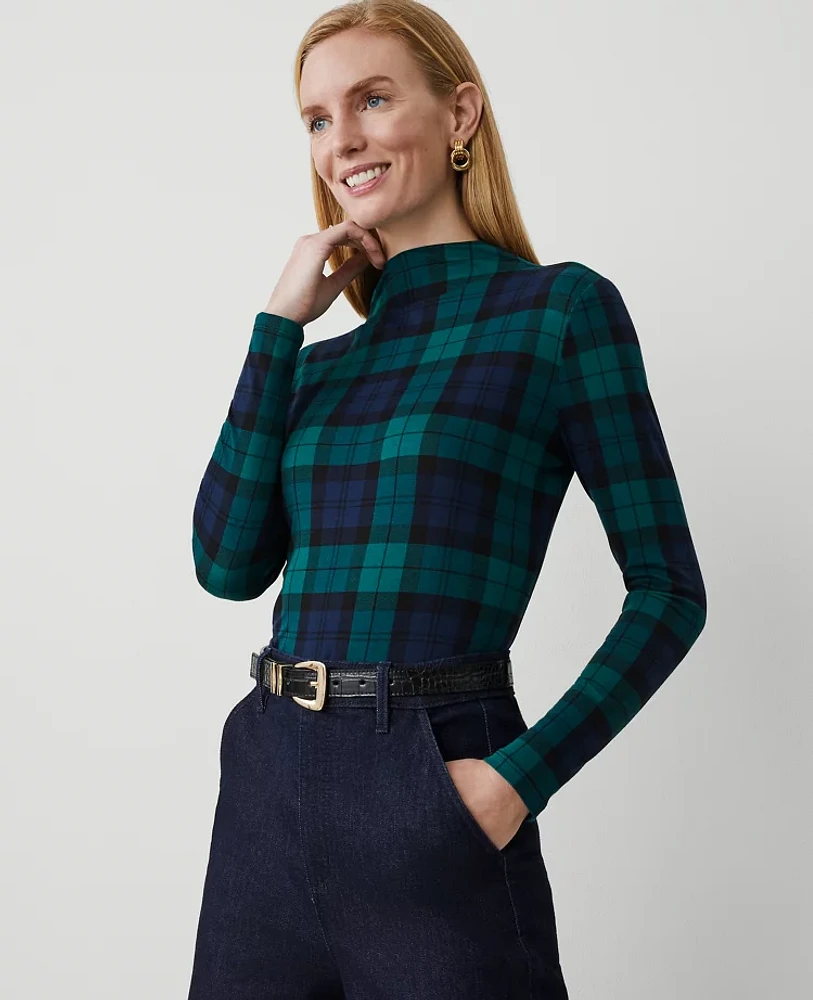 Ann Taylor Tartan Long-Sleeve Mock Neck Top Rainforest Women's