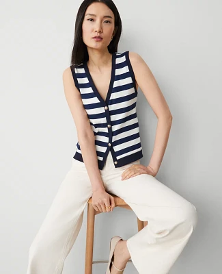 Ann Taylor Striped V-Neck Vest Night Sky Women's