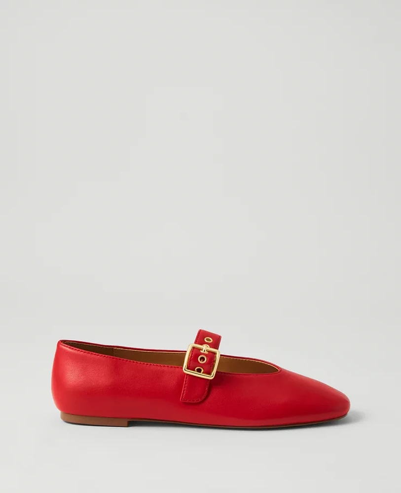 Ann Taylor Buckled Leather Ballet Flats Bright Cherry Women's