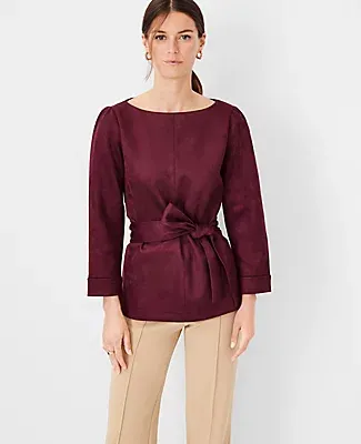 Ann Taylor Faux Suede Mixed Media Belted Boatneck Top
