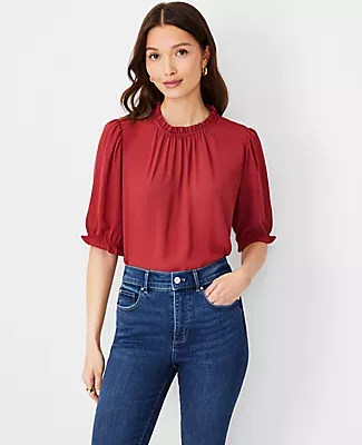 Ann Taylor Mixed Media Ruffle Flutter Sleeve Top