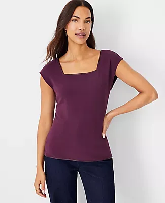 Ann Taylor Faux Leather Trim Textured Square Neck Top