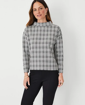 Ann Taylor Plaid Button Tab Mock Neck Top Size 2XS Black Women's