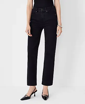 Ann Taylor Petite High Rise Straight Jeans Washed Black Wash