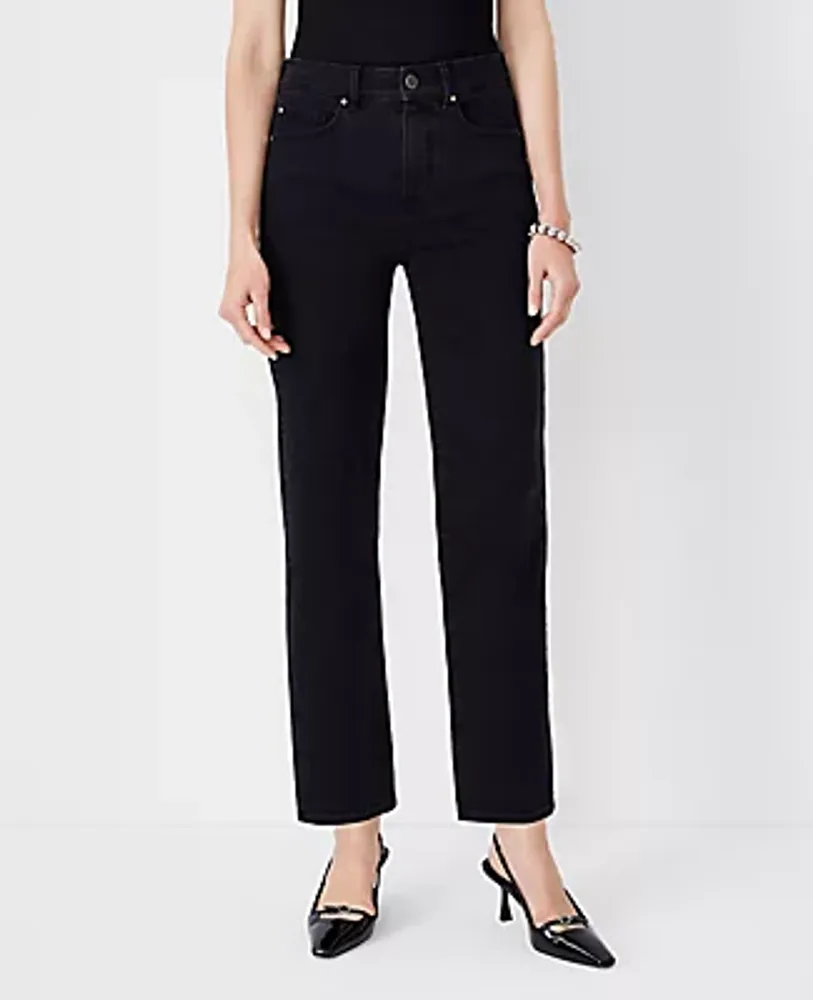 Petite Washed Black Wide Leg Jeans Strap Detail