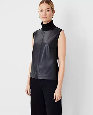 Ann Taylor Faux Leather Mixed Media Sleeveless Turtleneck Sweater