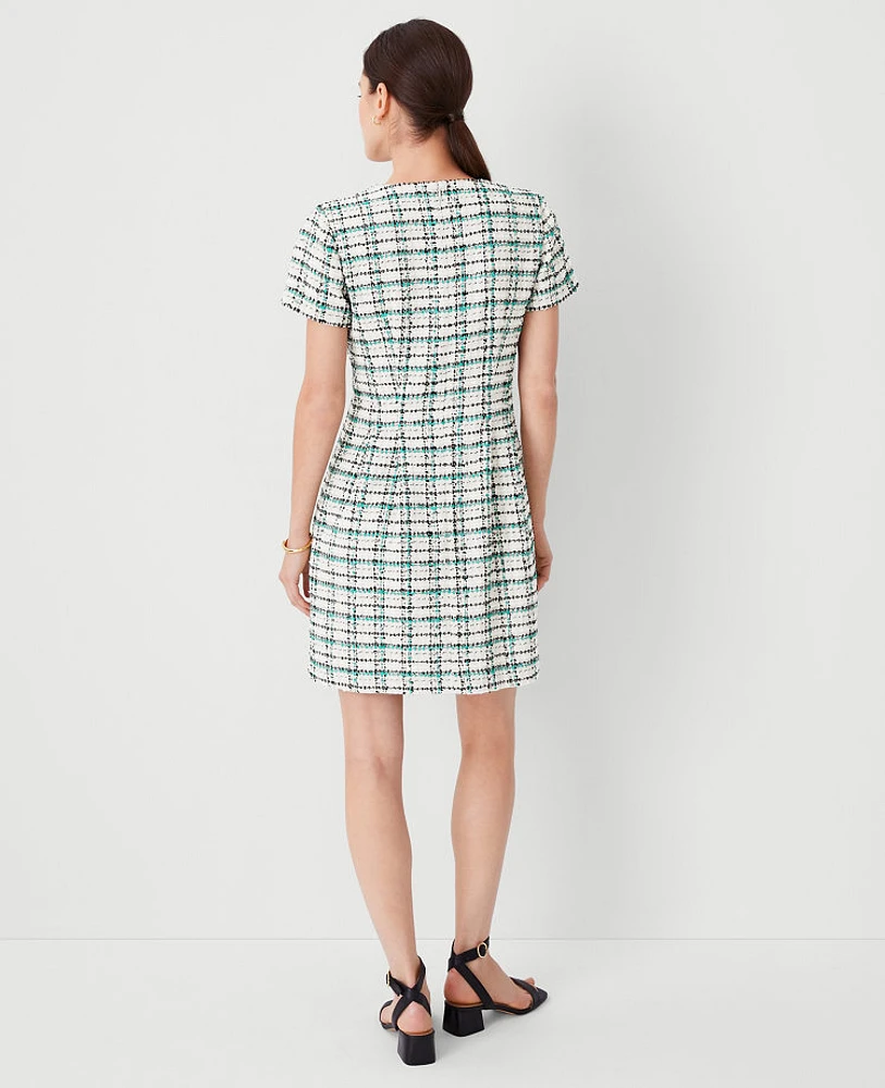 Ann Taylor Plaid Tweed Flare Dress Neutral/Green Multi Women's