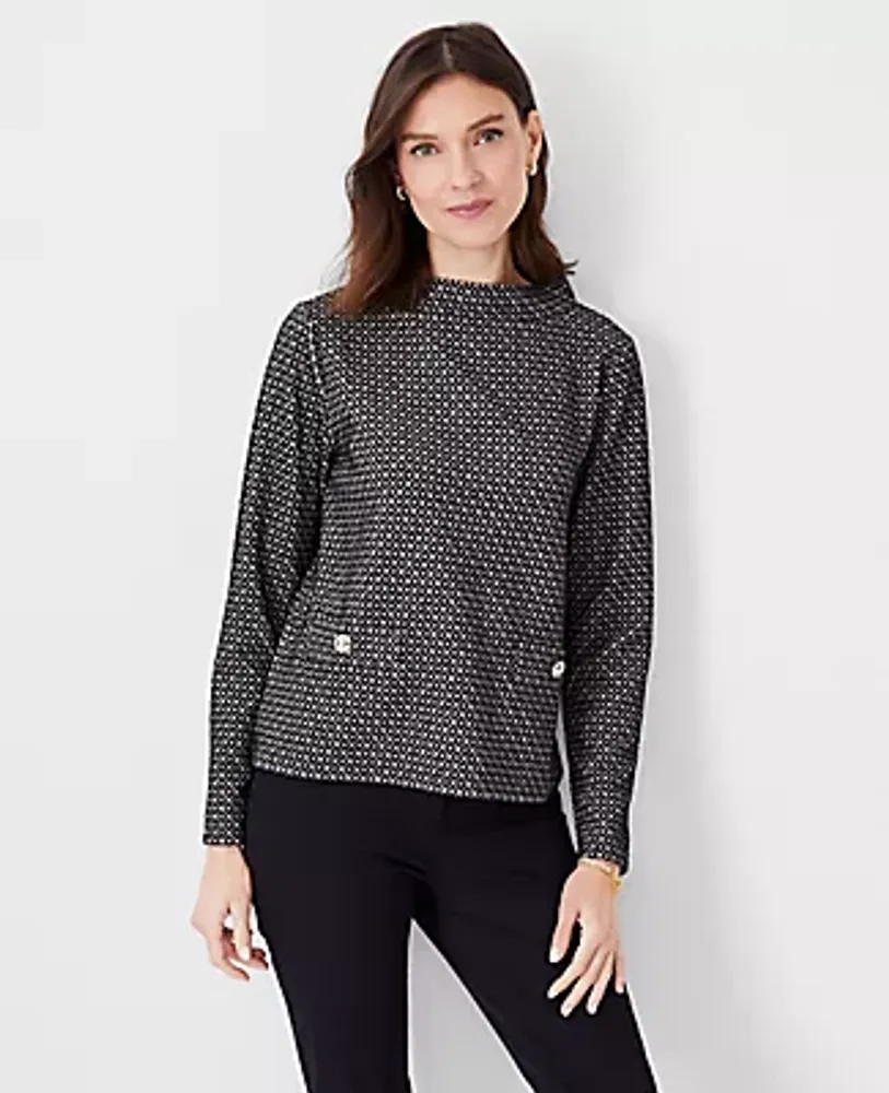 Ann Taylor Metallic Geo Jacquard Button Pocket Mock Neck Top