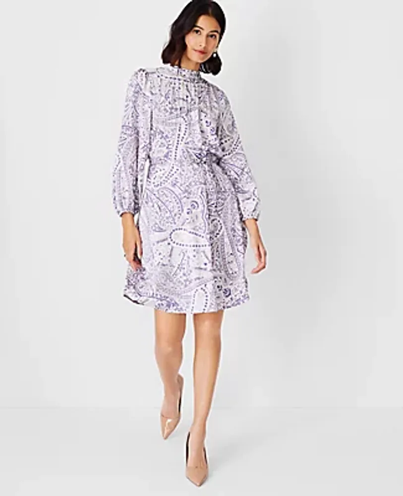 Ann Taylor Paisley Pintucked Mock Neck Dress