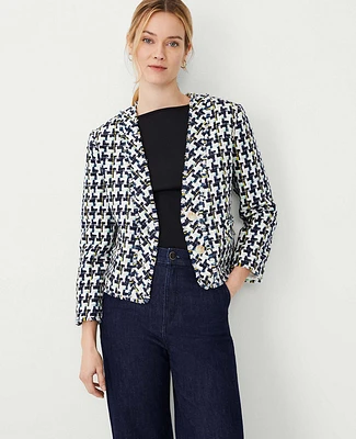 Ann Taylor Houndstooth Tweed Cropped Cardigan Jacket Blue/Ivory Multi Women's