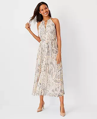 Ann Taylor Petite Shimmer Paisley Chain Pleated Halter Dress