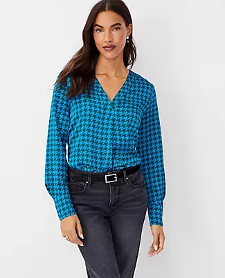 Ann Taylor Houndstooth Mixed Media Pleat Front Top