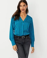 Ann Taylor Houndstooth Mixed Media Pleat Front Top Size 2XS Azurite Women's