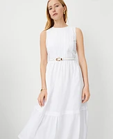 Ann Taylor Linen Blend Pintucked Flare Midi Dress White Women's