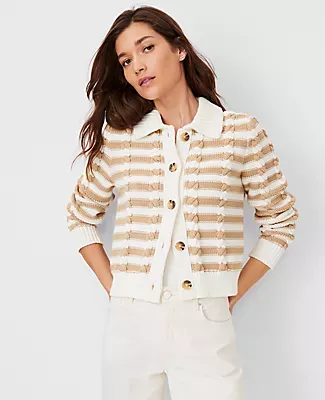 Ann Taylor AT Weekend Striped Cable Sweater Jacket