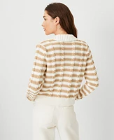 Ann Taylor AT Weekend Striped Cable Sweater Jacket Size XL Winter White Women's