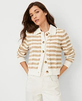 Ann Taylor AT Weekend Striped Cable Sweater Jacket Size XL Winter White Women's