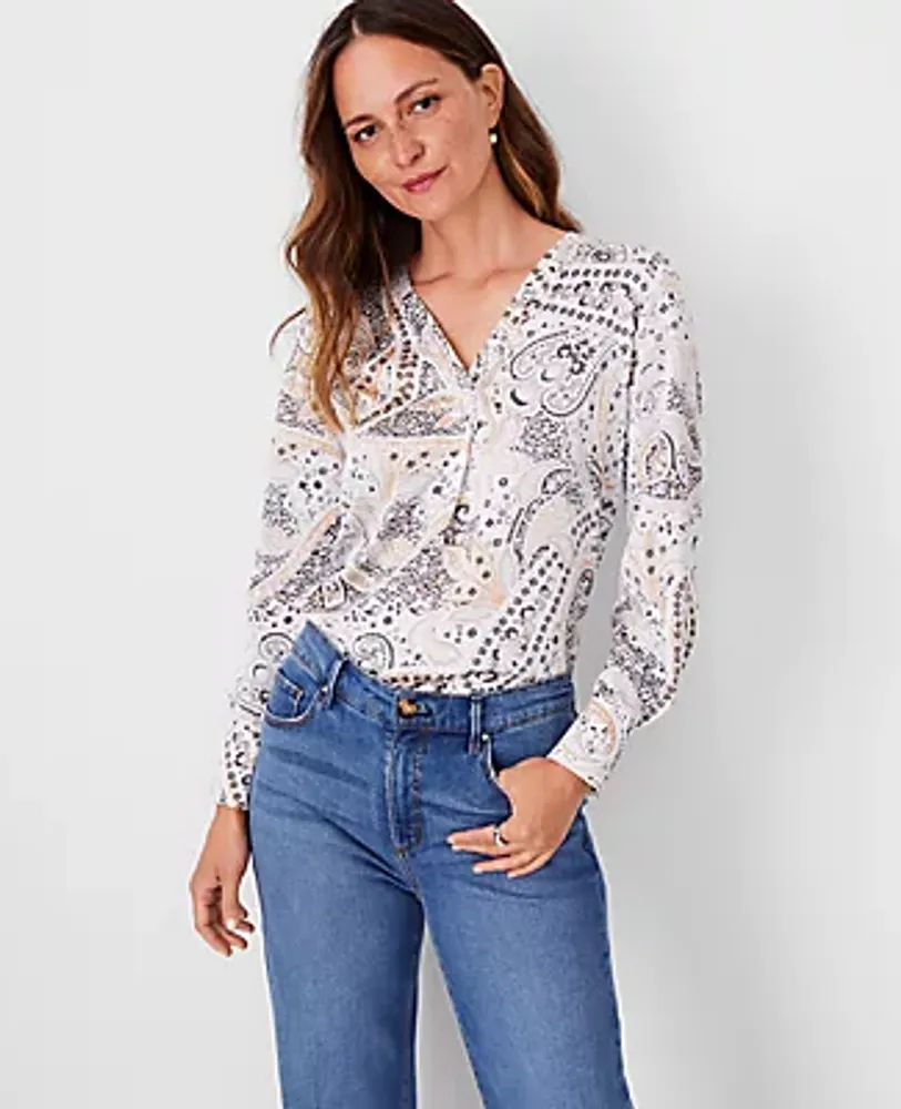 Ann Taylor Shimmer Paisley Mixed Media Pleat Front Top