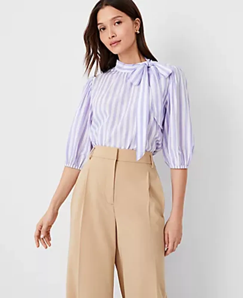 Ann Taylor Striped Bow Puff Sleeve Blouse