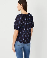 Ann Taylor Floral Cotton Blend Blouson Sleeve Top Size 2XS Night Sky Women's