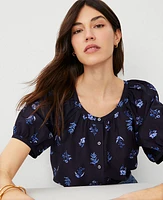 Ann Taylor Floral Cotton Blend Blouson Sleeve Top Size 2XS Night Sky Women's