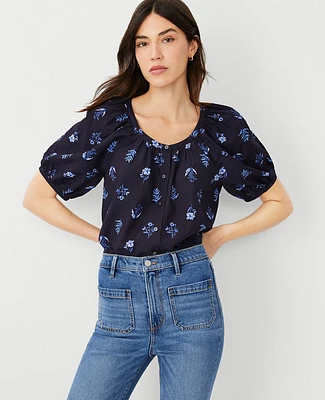 Ann Taylor Floral Cotton Blend Blouson Sleeve Top Size 2XS Night Sky Women's