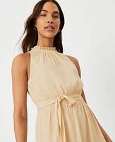 Ann Taylor Metallic Dobby Halter Flare Dress Toasted Oat Women's