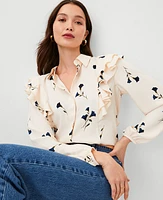 Ann Taylor Petite Flounce Collared Shirt Ivory Whisper Women's