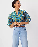 Ann Taylor Floral Pleat Sleeve Popover Top