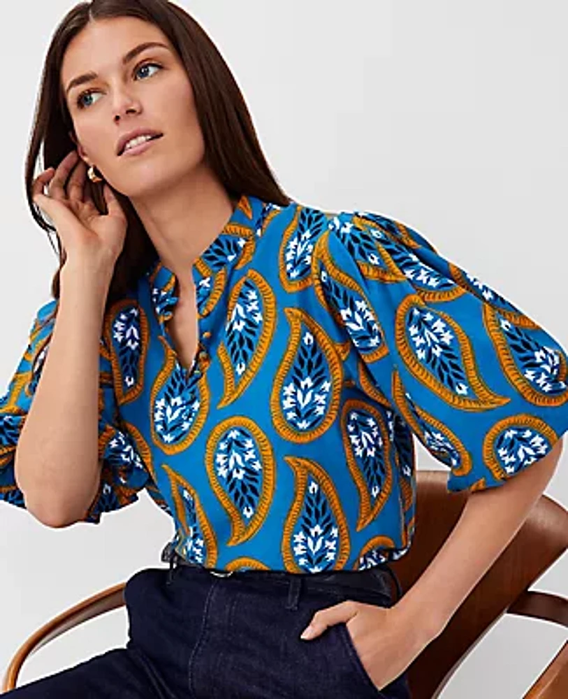 Ann Taylor Floral Pleat Sleeve Popover Top