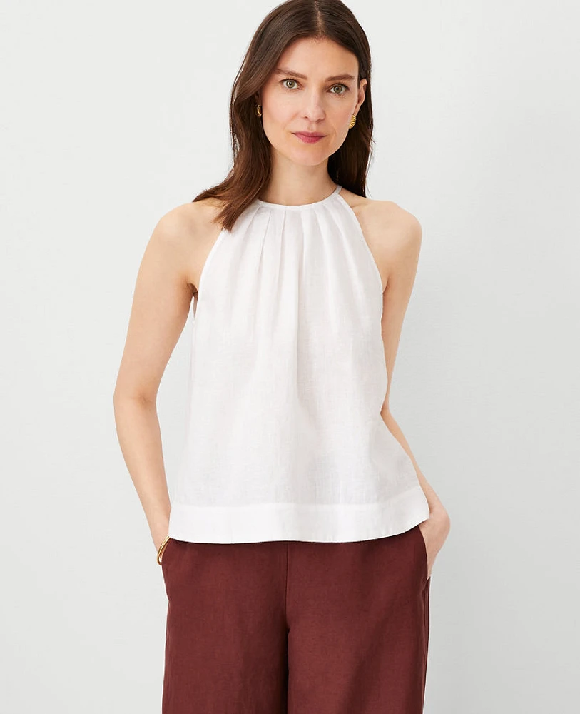 Ann Taylor Linen Blend Pleat Neck Halter Top White Women's