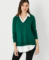 Ann Taylor Collared Mixed Media Sweater Green/White Combo Women's