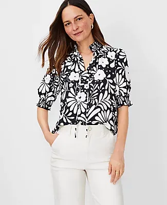 Ann Taylor Floral Embroidered Smocked Tie Neck Top