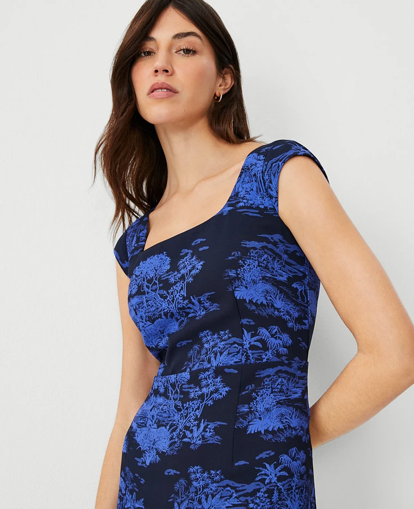 Ann Taylor Petite Floral Cap Sleeve Square Neck Sheath Dress Dazzling Blue Women's