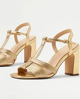 Ann Taylor Metallic Leather Strappy High Block Heel Sandals Gold Shine Women's