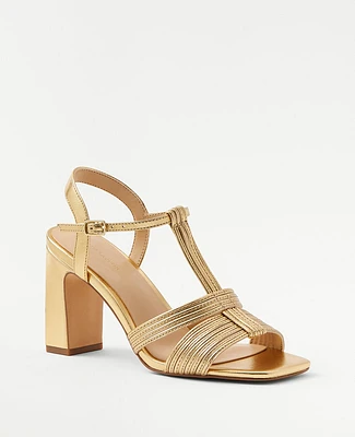 Ann Taylor Metallic Leather Strappy High Block Heel Sandals Gold Shine Women's