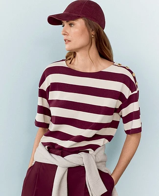 Ann Taylor Weekend Collection Stripe Ribbed Shoulder Button T-Shirt Size Medium Plum Rose Women's