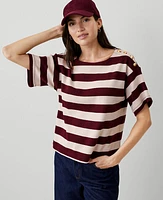 Ann Taylor AT Weekend Stripe Ribbed Shoulder Button T-Shirt Plum Rose Women's