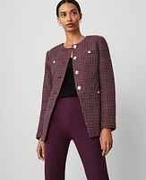 Ann Taylor Tweed Split Hem Jacket Burgundy Combo Women's