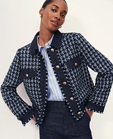 Ann Taylor Houndstooth Fringe Tweed Denim Jacket Black Women's