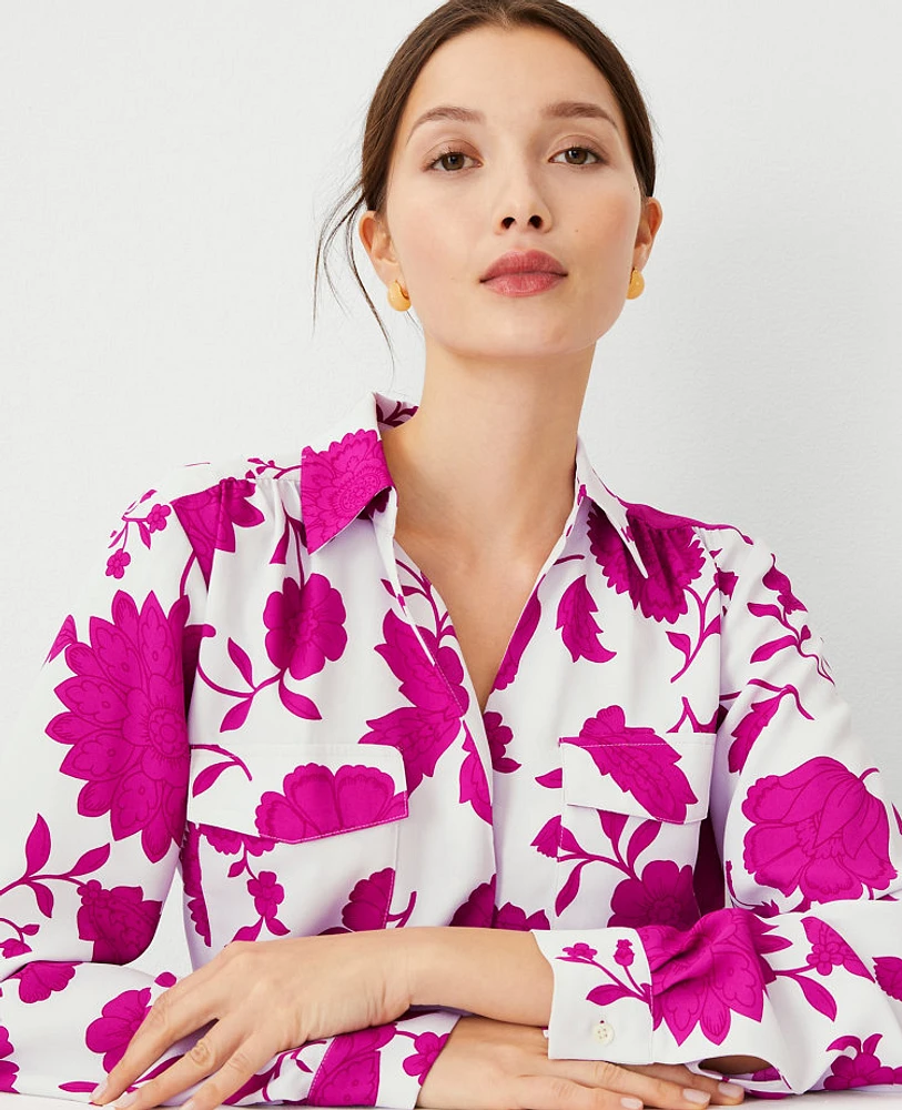 Ann Taylor Petite Floral Camp Shirt Magenta Shadow Women's