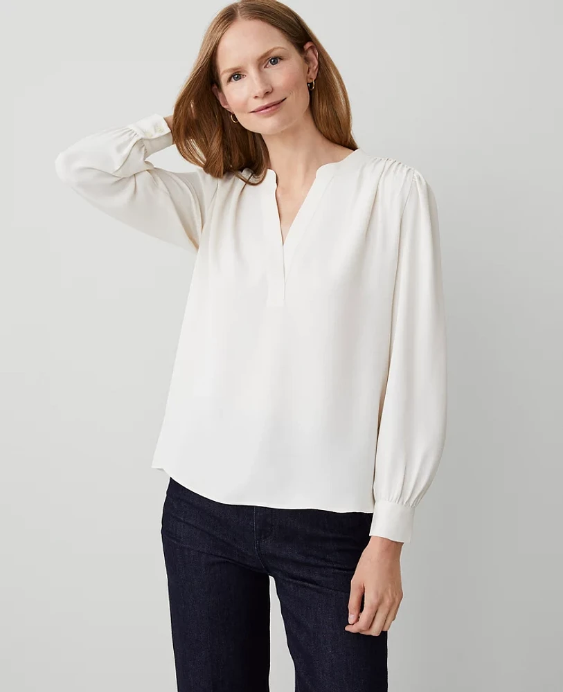 Ann Taylor Mixed Media Popover Top Size Medium Winter White Women's