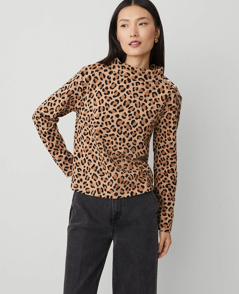 Ann Taylor Animal Print Mock Neck Top Tan Women's