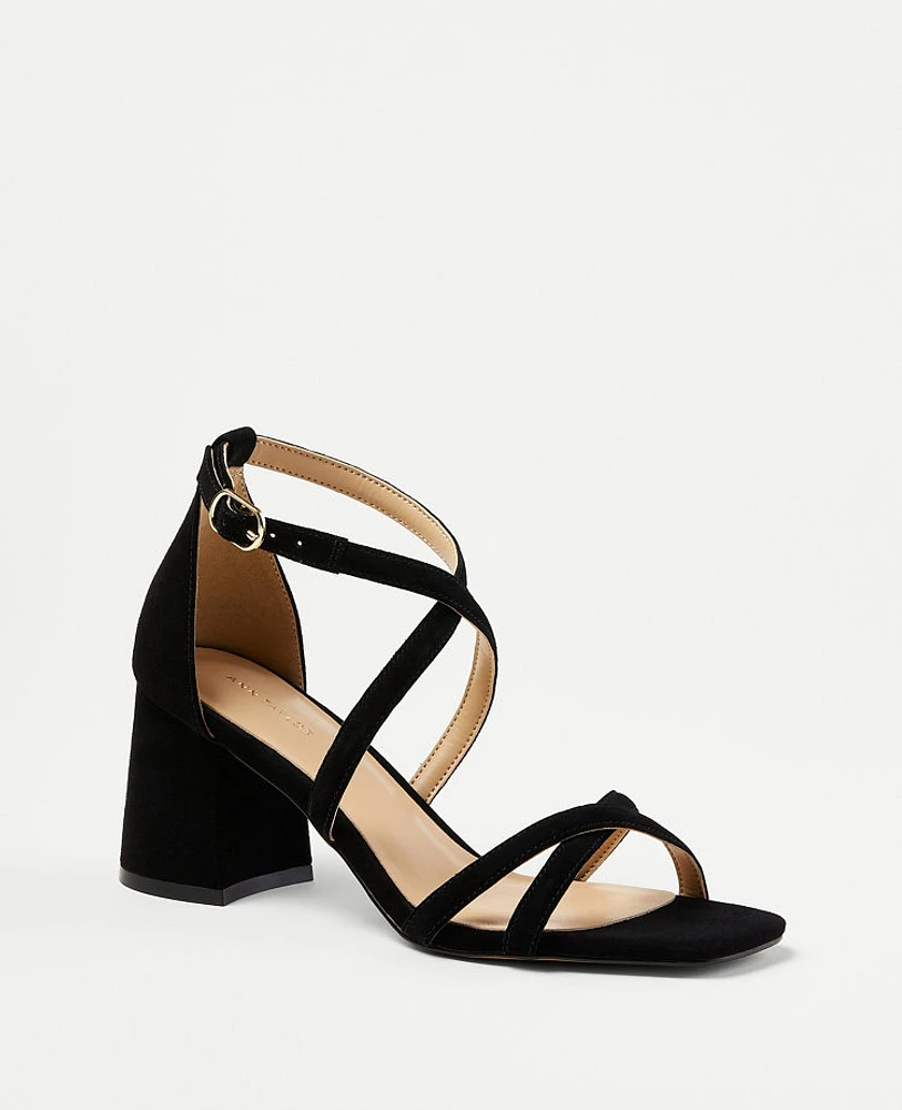 Ann Taylor Suede Cross Strap Block Heel Sandals Black Women's